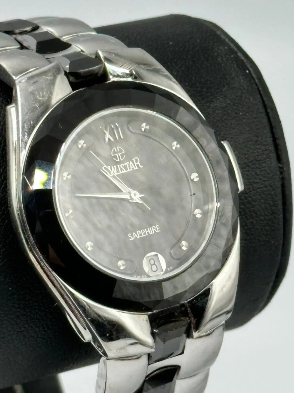 Swistar Sappire Men Watch 35mm Black Dial Date Faceted Bezel New Battery 8.5